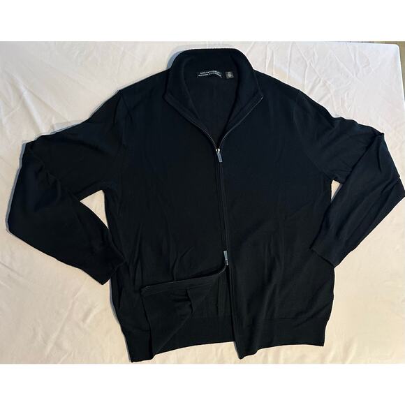 saks fifth avenue sweater merino Wool Black Full Zip men's Large Preppy business - Picture 1 of 7
